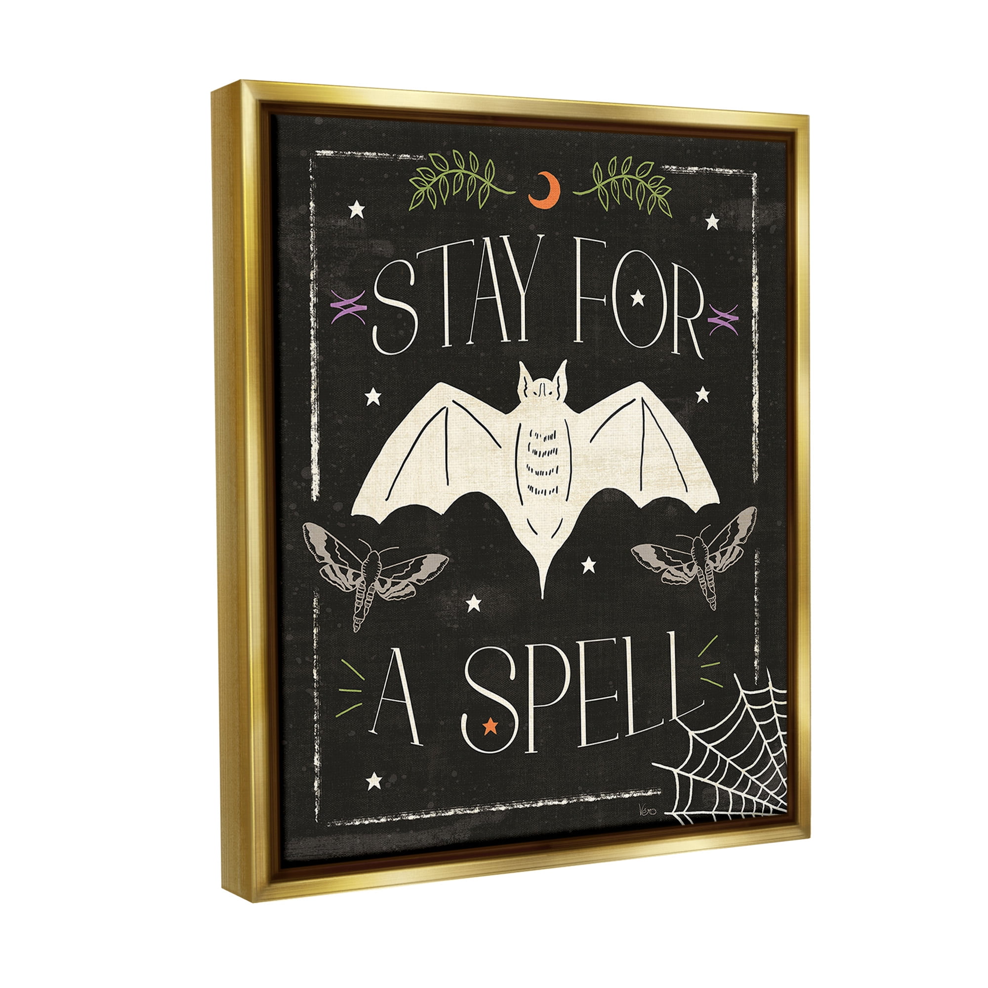 Stupell Industries Stay For A Spell Phrase Holiday Painting Gold Floater Framed Canvas Art Print Wall Art, 17 x 21