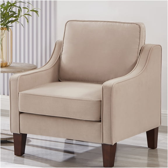 JERFIT Modern Velvet Accent Chair with Wooden Legs, Taupe Upholstered Single Seater Sofa for Living Room, Bedroom, Reading Nook