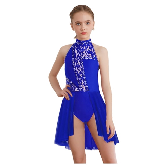 Moggemol Kids Girls Floral Lace Rhinestones Lyrical Ballet Dance Dresses Tutu Skirted Leotard Performance Costume Blue 8
