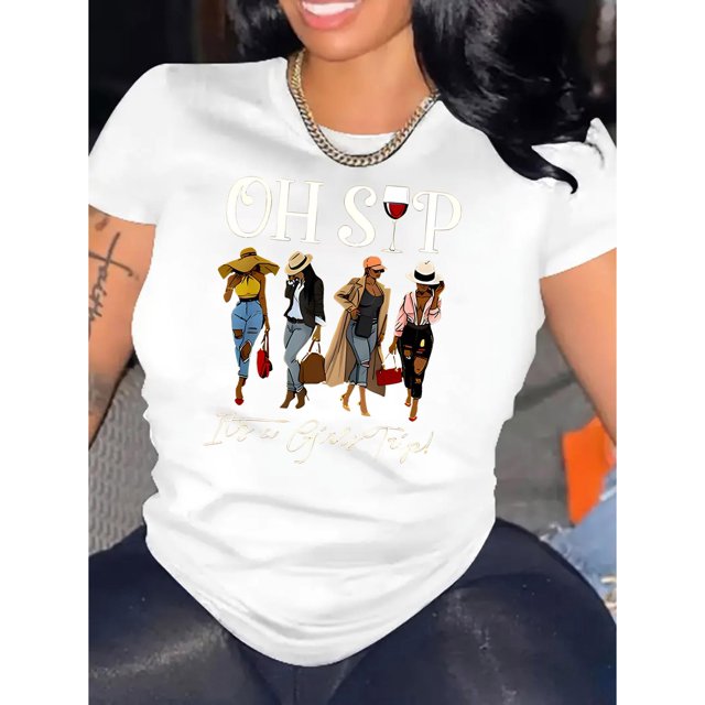 Chic Women's Casual T-Shirt with Elegant Portrait Print - Comfy Crew Neck, Short Sleeve Top for Everyday & Vacation Wear
