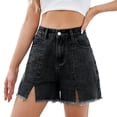 thumbnail image 3 of Women High Waisted Stretchy Casual Denim Shorts Front-Slit Frayed Hem Summer Trendy Jorts Black & Gray XXL, 3 of 9