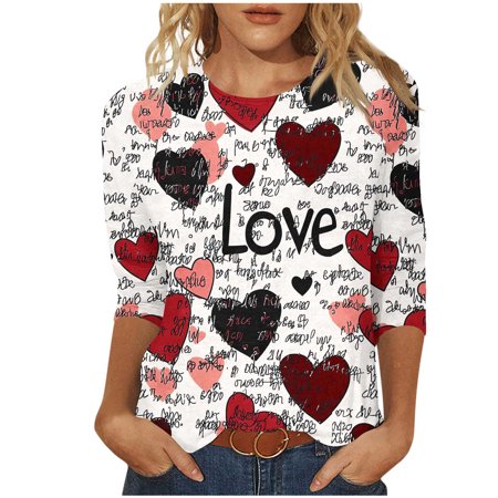 New Arrivals Women's 3/4 Sleeve Valentine Heart Print Round Neck Shirt Fashion Blouse My Items