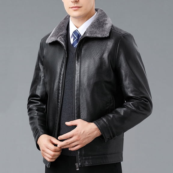 LYSMORA 2026 Men's Fleece Collar Faux Leather Zip Jacket, Warm Lined Stand Collar Loose Fit Winter Business Casual Windproof Outerwear