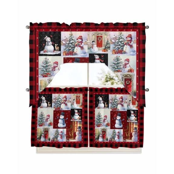 Christmas Kitchen Curtains Swag Valance and Tier Curtains Set 24 Inch Length, Snowman Cardinal Red Black Buffalo Plaid Rod Pocket Drape Panels Pair Swag Curtains for Bathroom/Cafe/Window