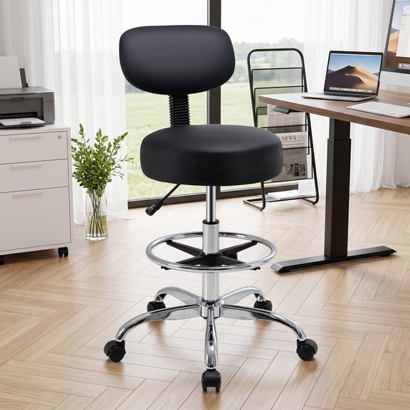 Walsunny Drafting Office Chair with Low Back, Swivel Draft Rolling Stool with Footrest, Armless PU Leather Desk Chair, Adjustable Height, Black