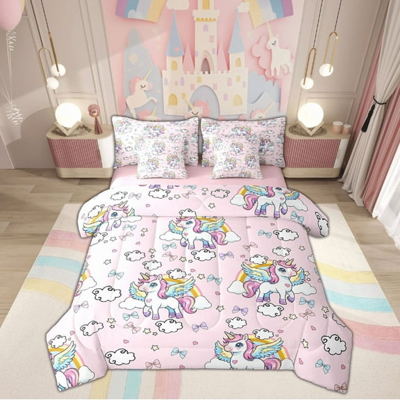 Feelyou Unicorn Twin Bedding Sets 7-Piece for Boys Girls, Girly Pink Cartoon Bedding Comforter Set, Cute Animal Sheet Sets, Lightweight Bedroom Decorative
