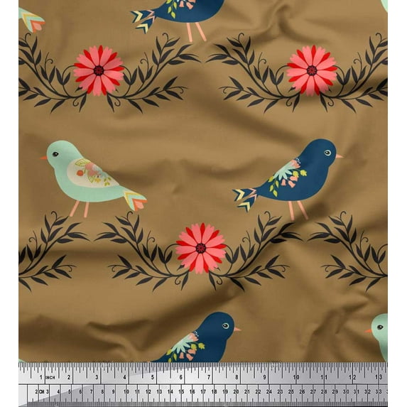Soimoi polyester Crepe Fabric Leaves,Bird & Floral Clip Art Fabric Prints By Yard 42 Inch Wide