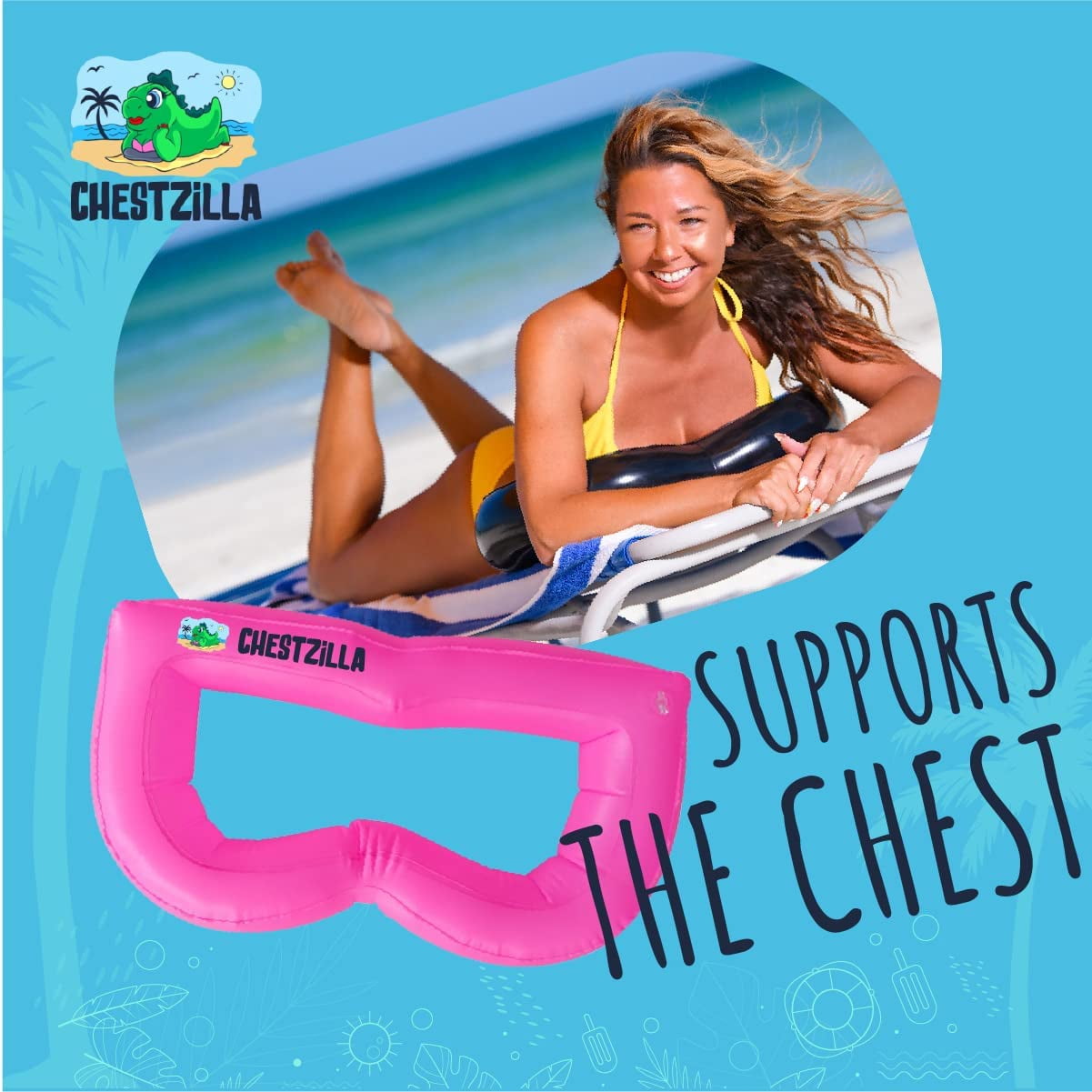 ChestZilla Sunbathing Inflatable Beach Pillow with Adjustable Velcro Strap and Resealable Carrying Bag, Perfect for Pool, Camping and Travel