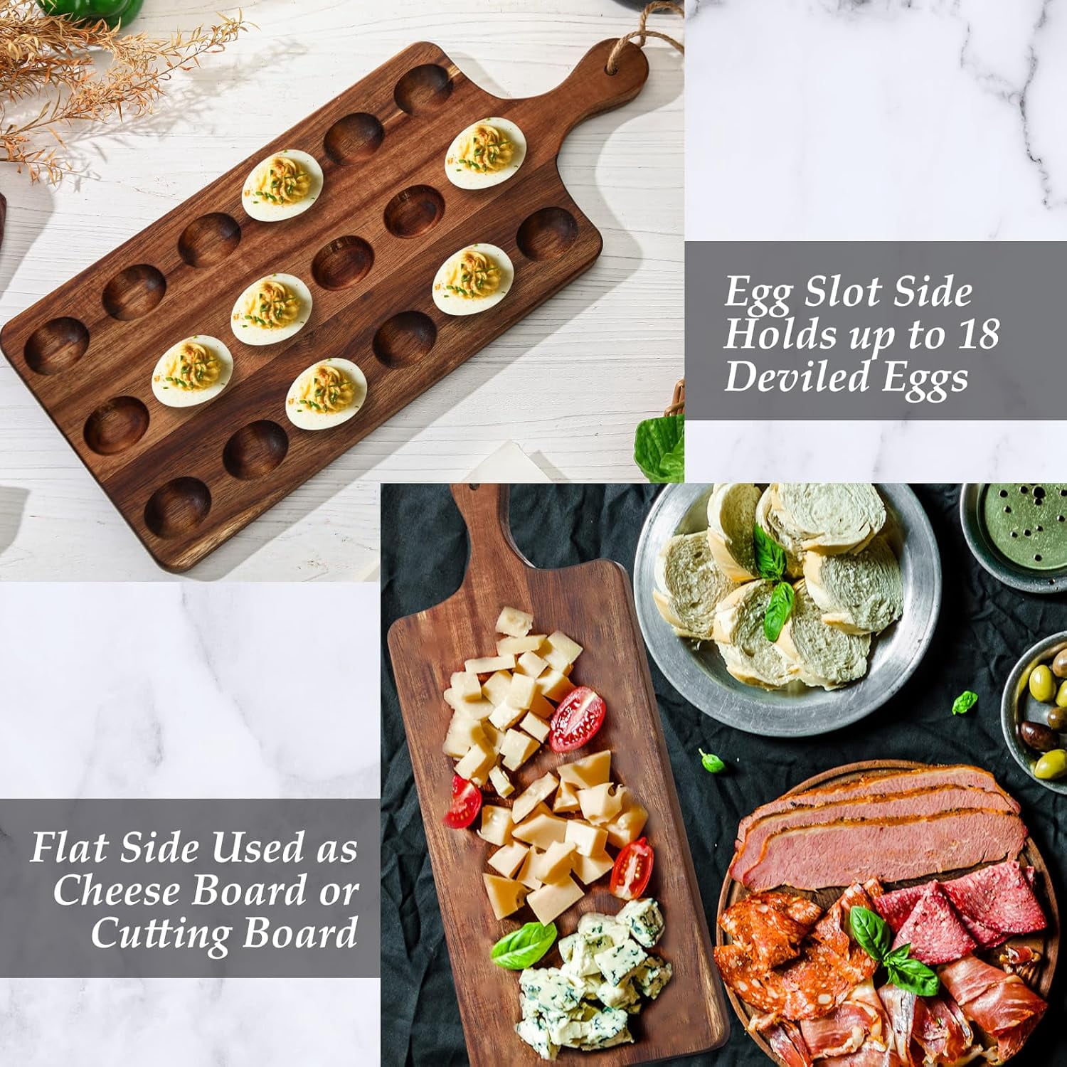 Wooden Deviled Egg Serving Tray, Reversible Acacia Egg Platter with 18 Slots, Charcuterie Board and Cheese Serving Board with Handle for Kitchen Gatherings Appetizers and Snack Display