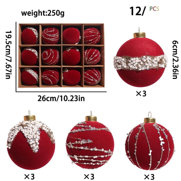 Adornos navideños, regalos navideños, paquete de 12 bolas navideñas flocadas y con cuentas, adornos colgantes decorativos para árbol de Navidad, juego de bolas de taladro con cinturón flocado.