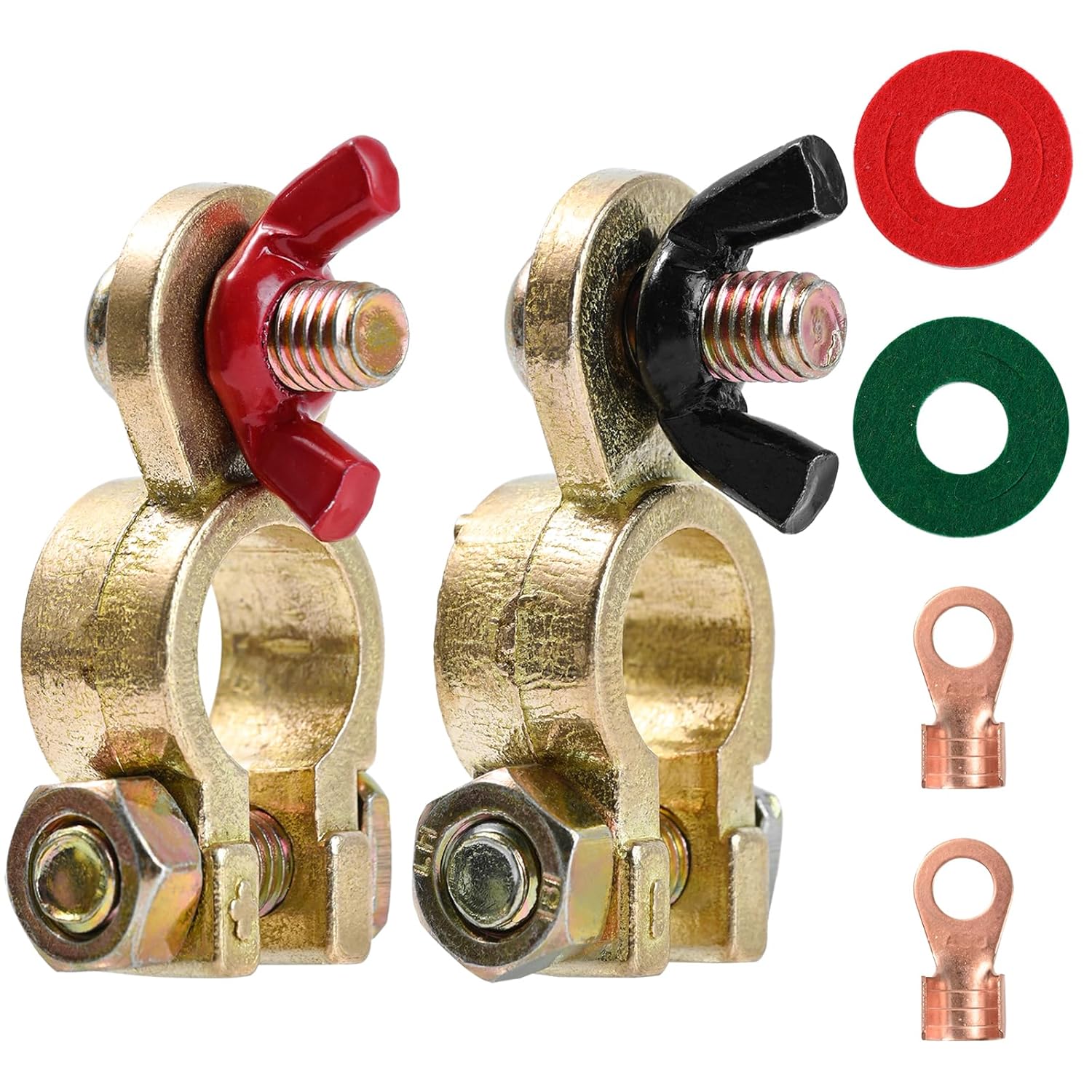 1 Pair Solid Brass Marine Battery Terminal Connectors Top Post for 12V 24V Automotive Boat Car RV Accessories Battery Terminals Wire Cable Ends Pure Copper Clamp Release with Anti-Corrosion Pad