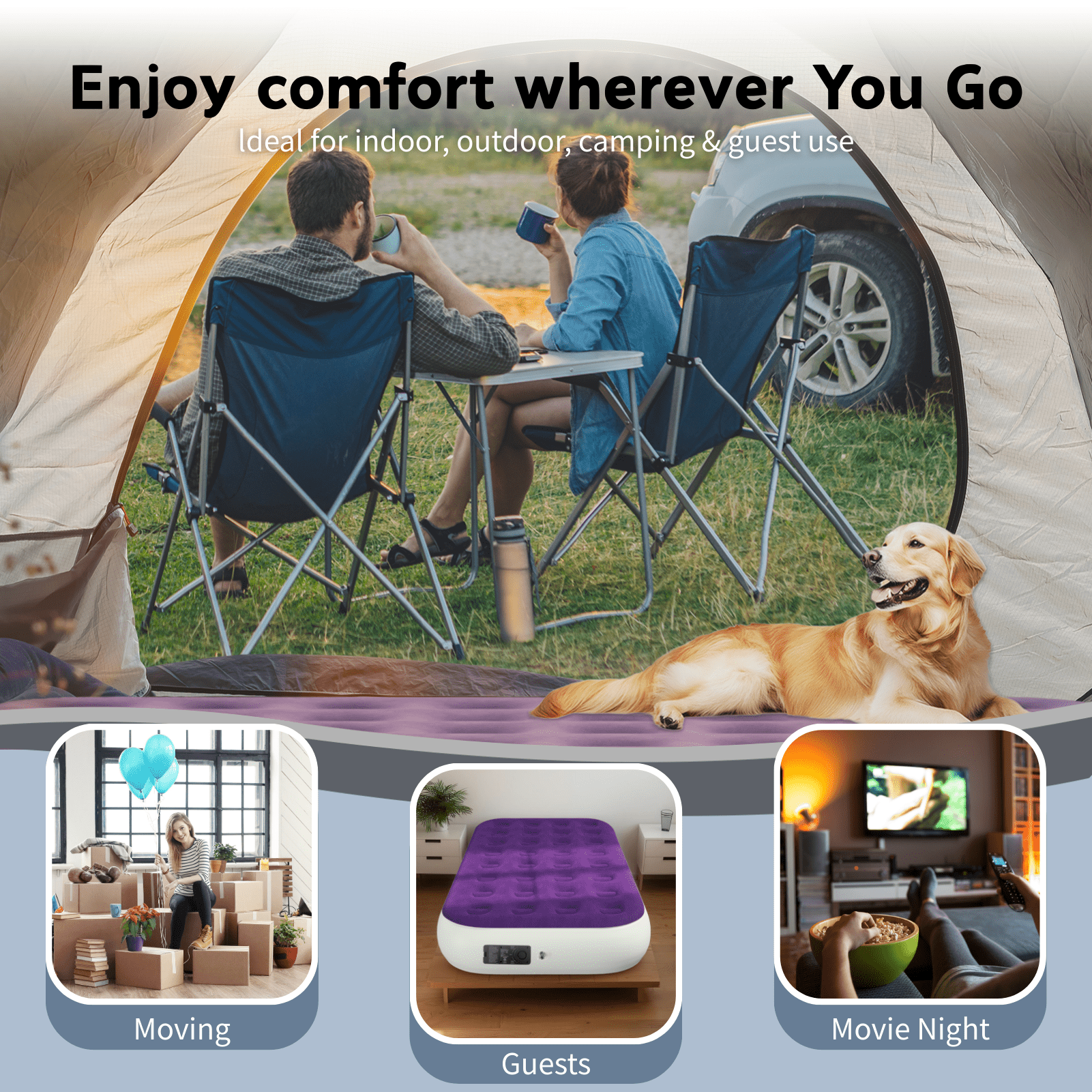 Twin 10" Top Flocking Air Mattress with Built-in Pump Raised Comfort,Fast Inflation/Deflation Foldable Portable Air Bed with Storage Bag for Home,Camping,Guests Purple
