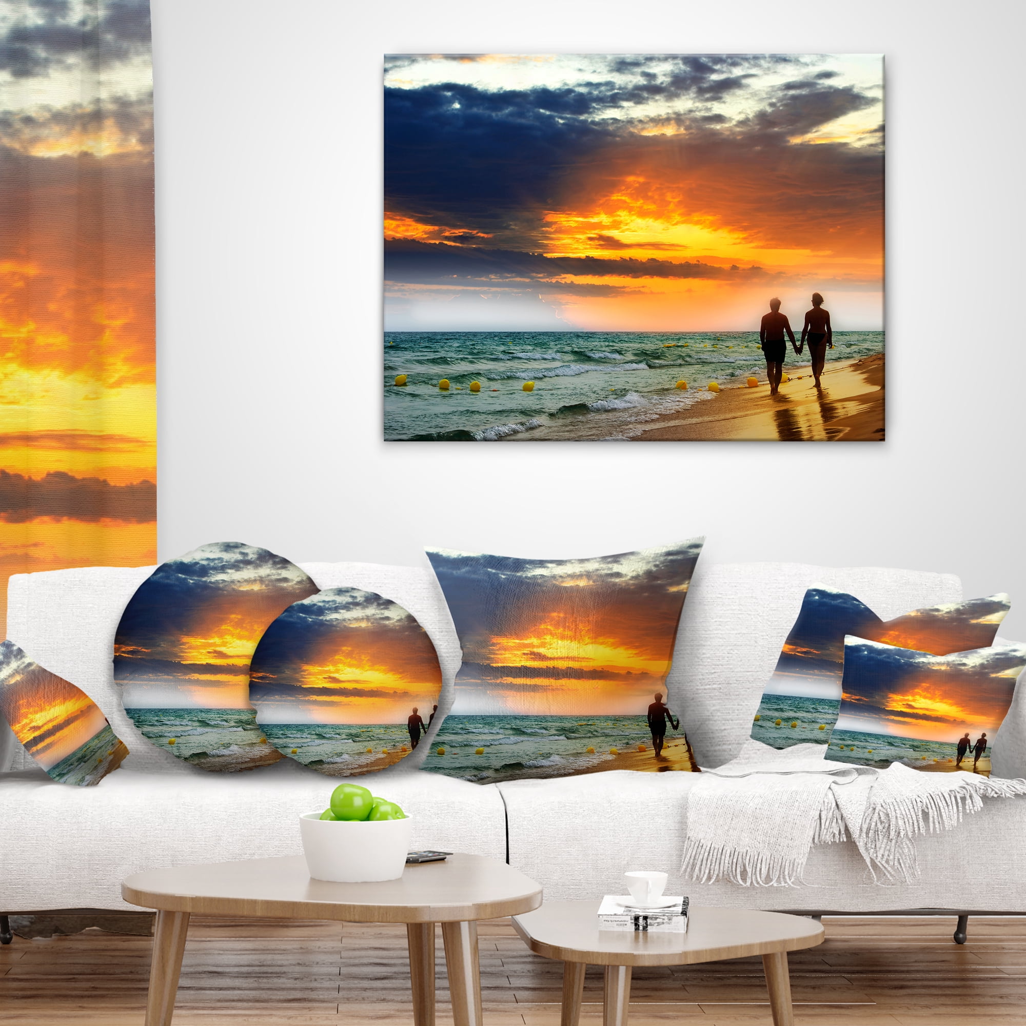 Designart Lovers at Beach - Seashore Photography Throw Pillow - 16x16