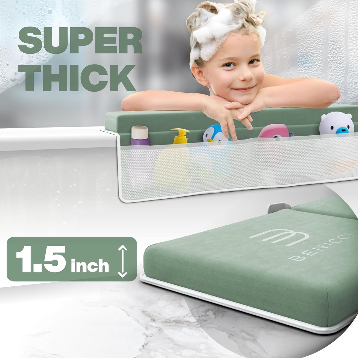 Comfortable Bath Kneeler and Elbow Kneeling  Pad for  Bathing Parents - Painless Foam Mat with Toy Organizer Pockets - Quick Drying, Foldable, Non-Slip for  and Toddler Bathing - Green