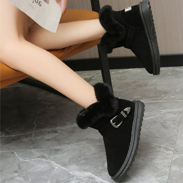 Coofit Women Winter Boots Simple Faux Fur Cuff Decorative Snow Boots Ankle Booties Black S