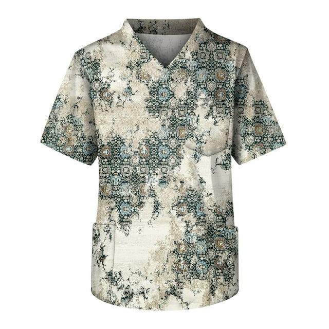 LINMOUA Plus Size Halloween Printed Scrub Working Uniform Tops For Men's Cross V-Neck Short Sleeve Fun T-Shirts Workwear Tee With Pockets