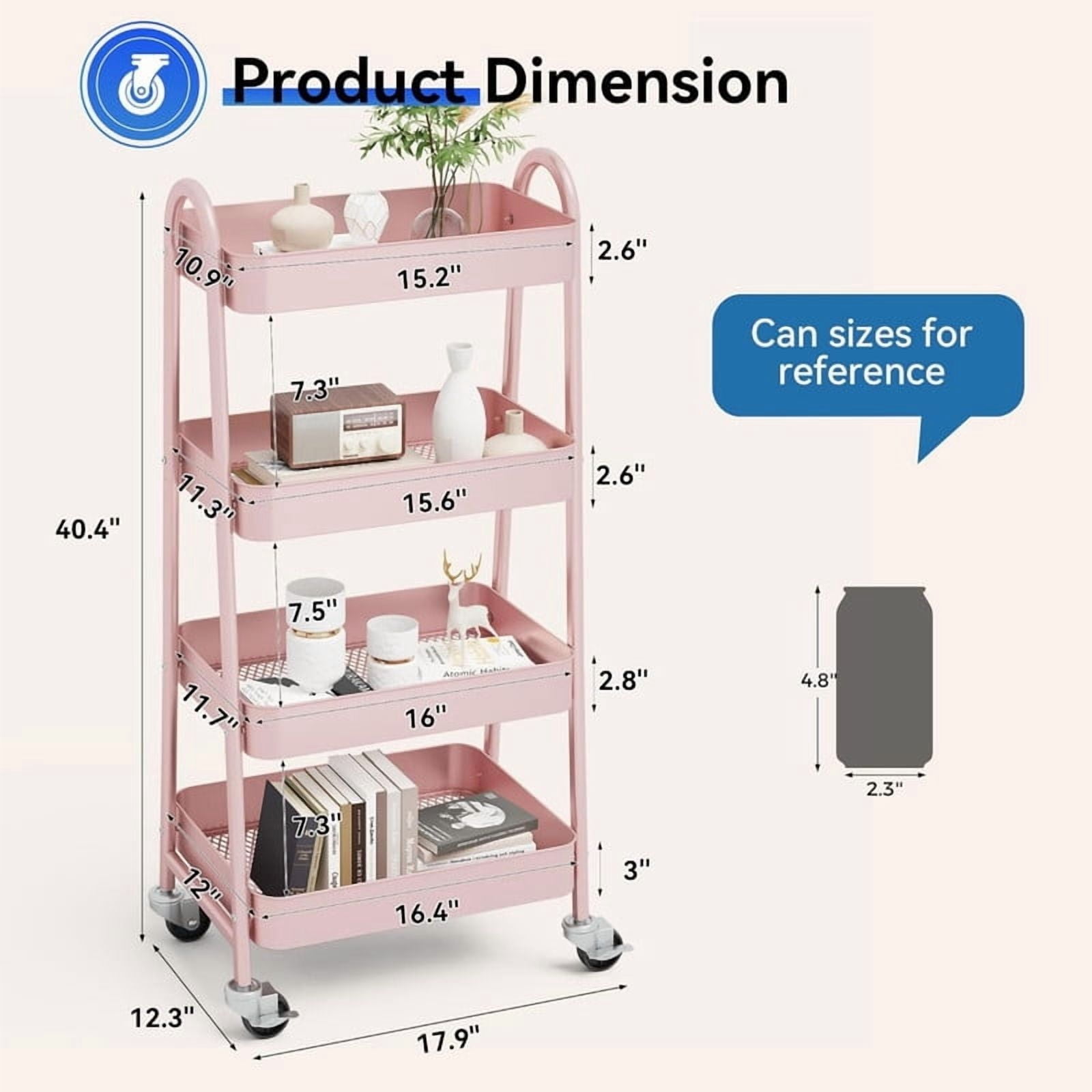 Kelno 4 Tier Rolling Cart Metal Utility Storage Cart Mobile Storage Organizer with Lockable Wheels,Pink