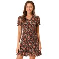 thumbnail image 1 of INSPIRE CHIC Women's Floral Puff Sleeve V Neck Drawstring Ruched Ruffle Dress Black S, 1 of 4