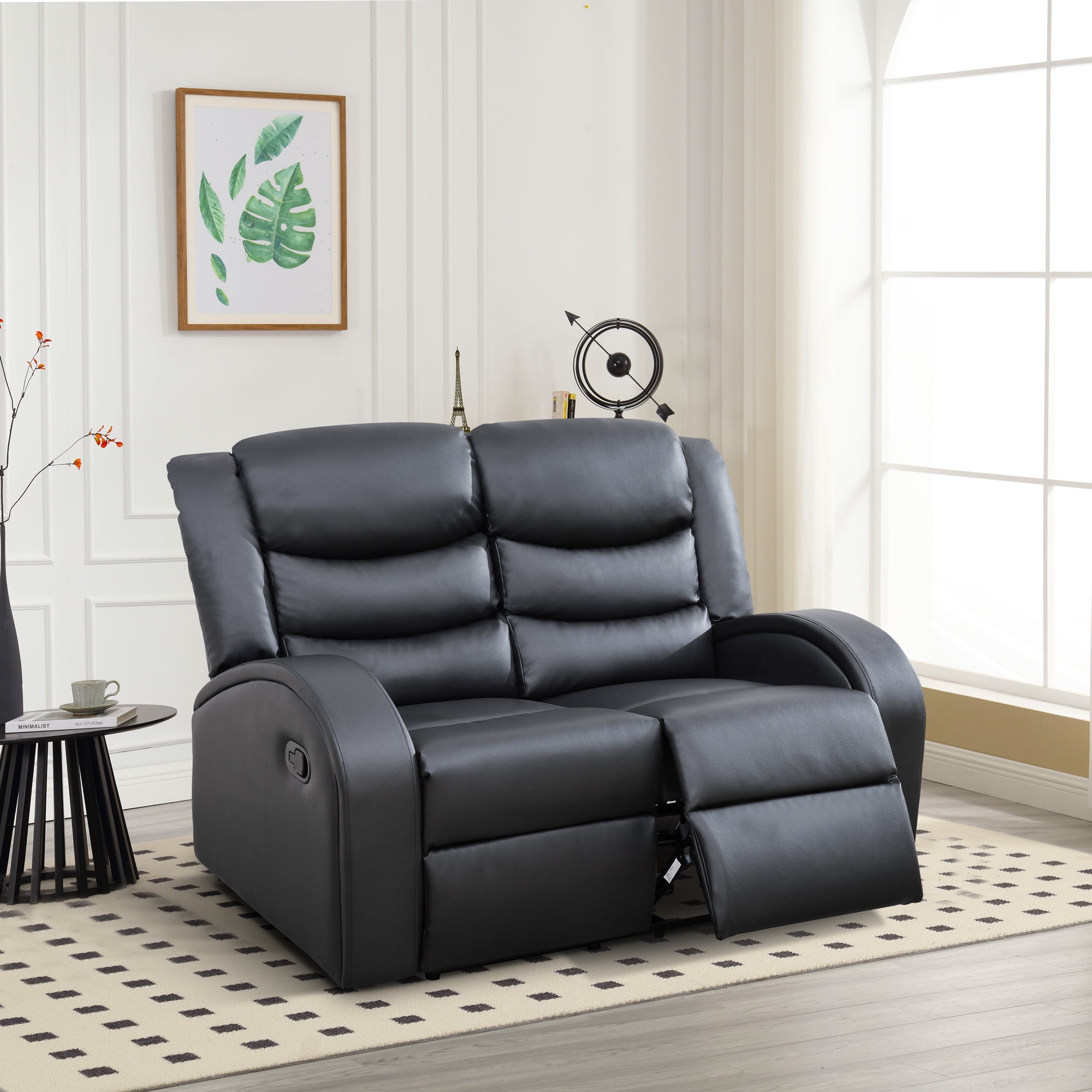 Gewnee Black Loveseat, Air Leather & High-Elastic Sponge, Adjustable Recline, Perfect for Living Rooms