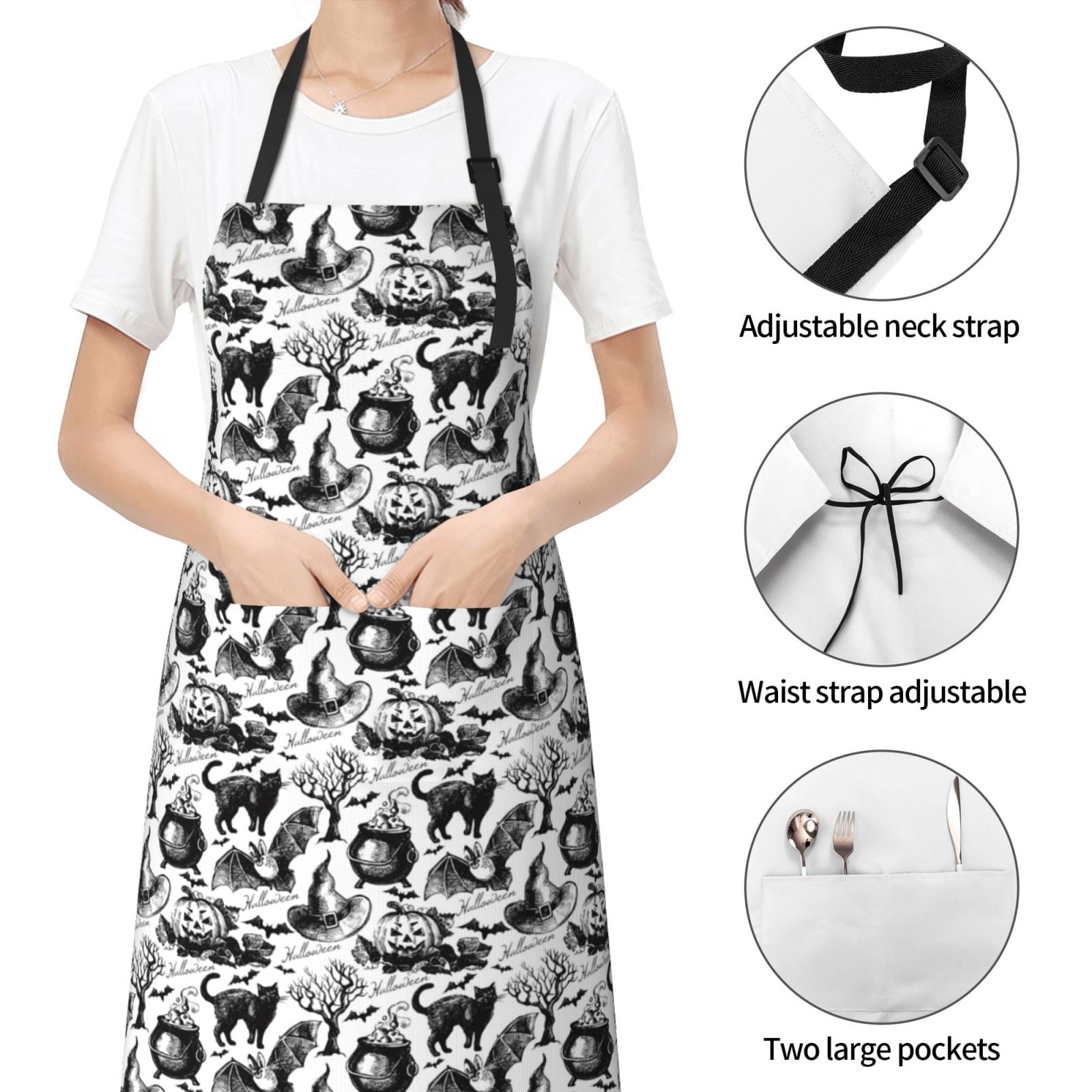 Kdxio Black White Halloween Apron with Pockets Adjustable Kitchen Aprons for Men Women Waterproof Aprons for Cooking,Drawing,Crafting, Baking Household Cleaning