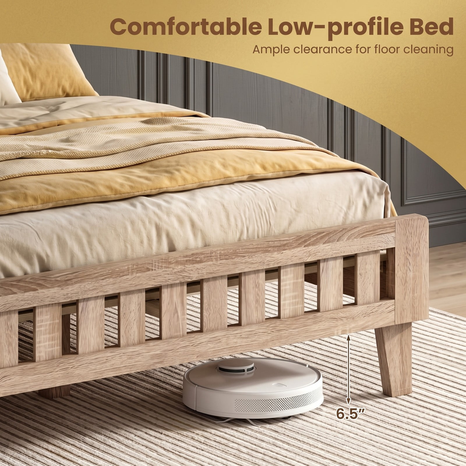 Furnibear Queen Bed Frame Wood Platform Bed with Upholstered Fabric Headboard and 12 Plywood Slat Support, Rustic Oak