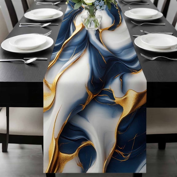 Navy Blue Marble Table Runner 90 Inches Long, Gold Modern Art Kitchen Coffee Dining Table Decoration for Home Party Birthday Wedding Home Decor 13x90 Inches