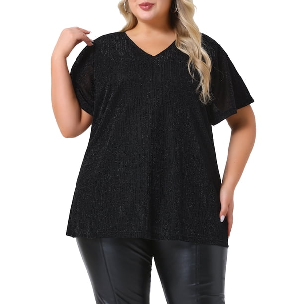 Blusas de mujer de tallas grandes Agnes Orinda, camiseta de manga corta con escote en V metálico, tops de fiesta 3X en negro