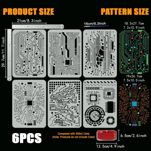 6 PCS Circuit Board Stencils with Paint Brush 8.3x11.7inch Circuit Diagram Templates Reusable Mixed Media Electronic Sketch Stencils for Painting on Wood Wall Canvas Furniture