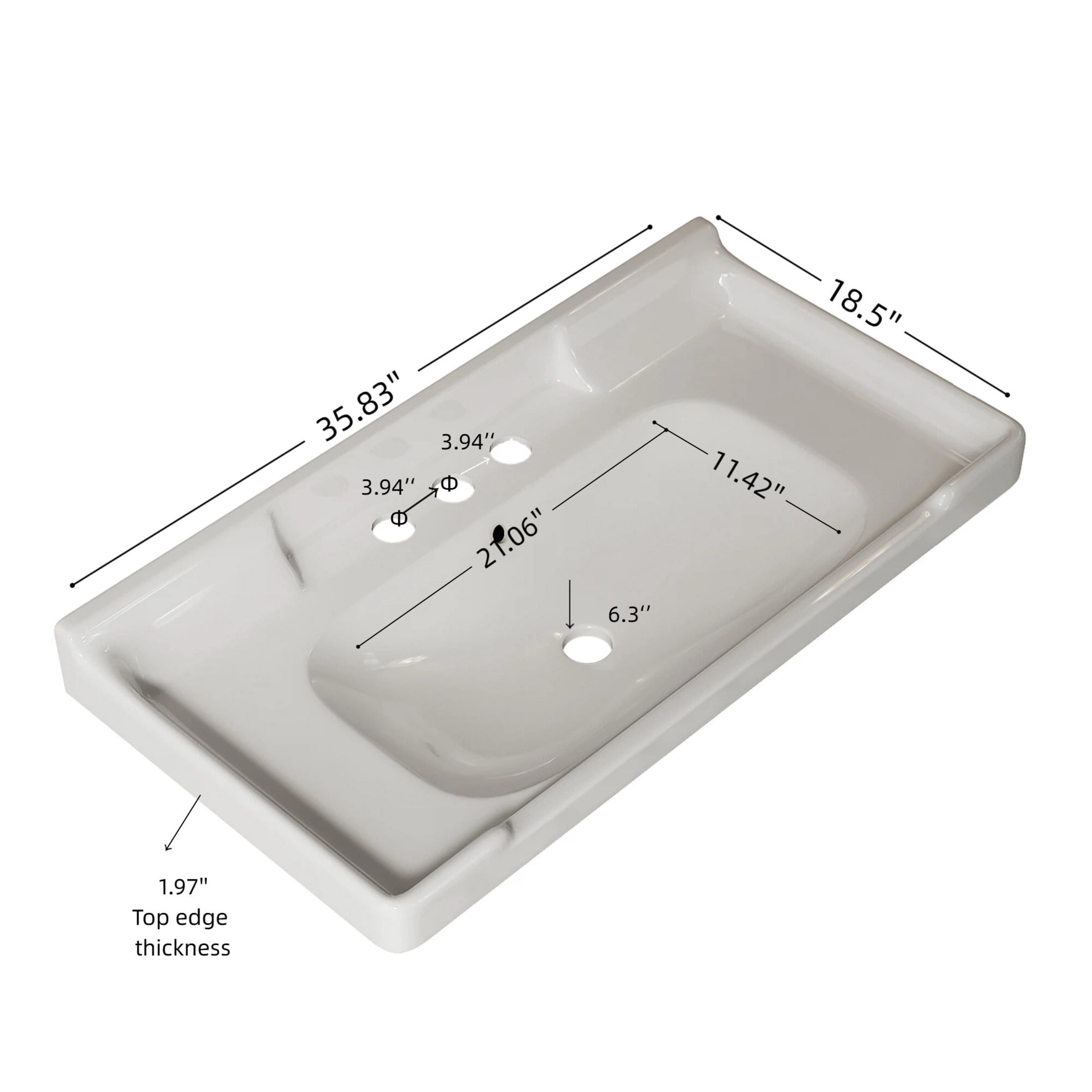 Noble House Vici 36" Bathroom Ceramic Basin Sink, 3 Faucet Holes with Wide Countertop Deck Toiletries Storage, White