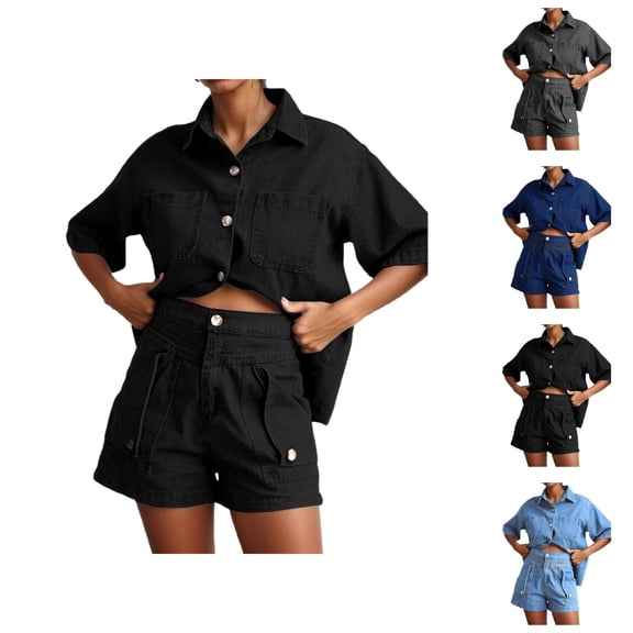Short Sets for Women Loose Fit Short Sleeve Button Collared Denim Shirt and Shorts 2 Piece Matching Set Streetwear