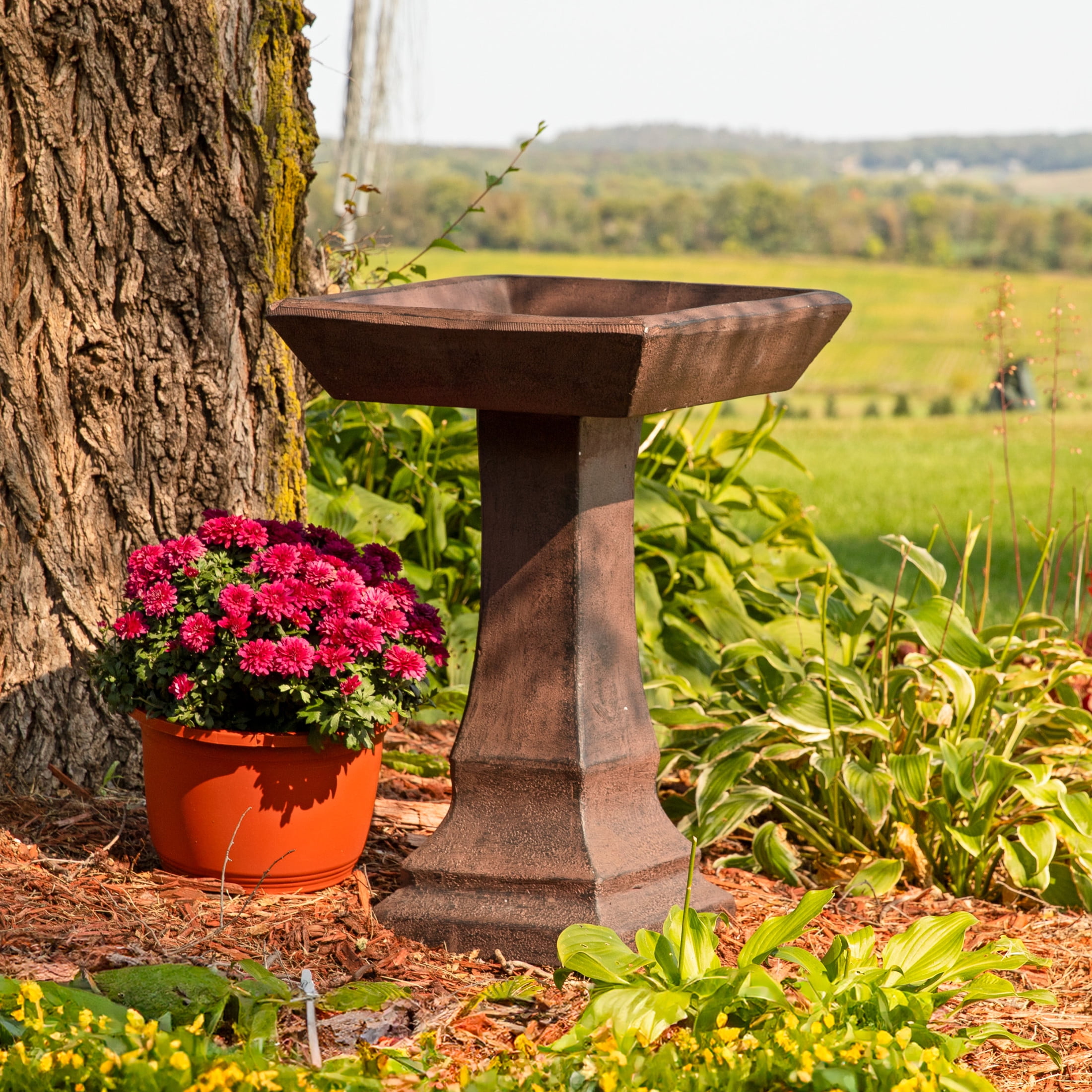 Sunnydaze Simply Square Freestanding Glass Fiber Reinforced Concrete Outdoor Bird Bath, Brown