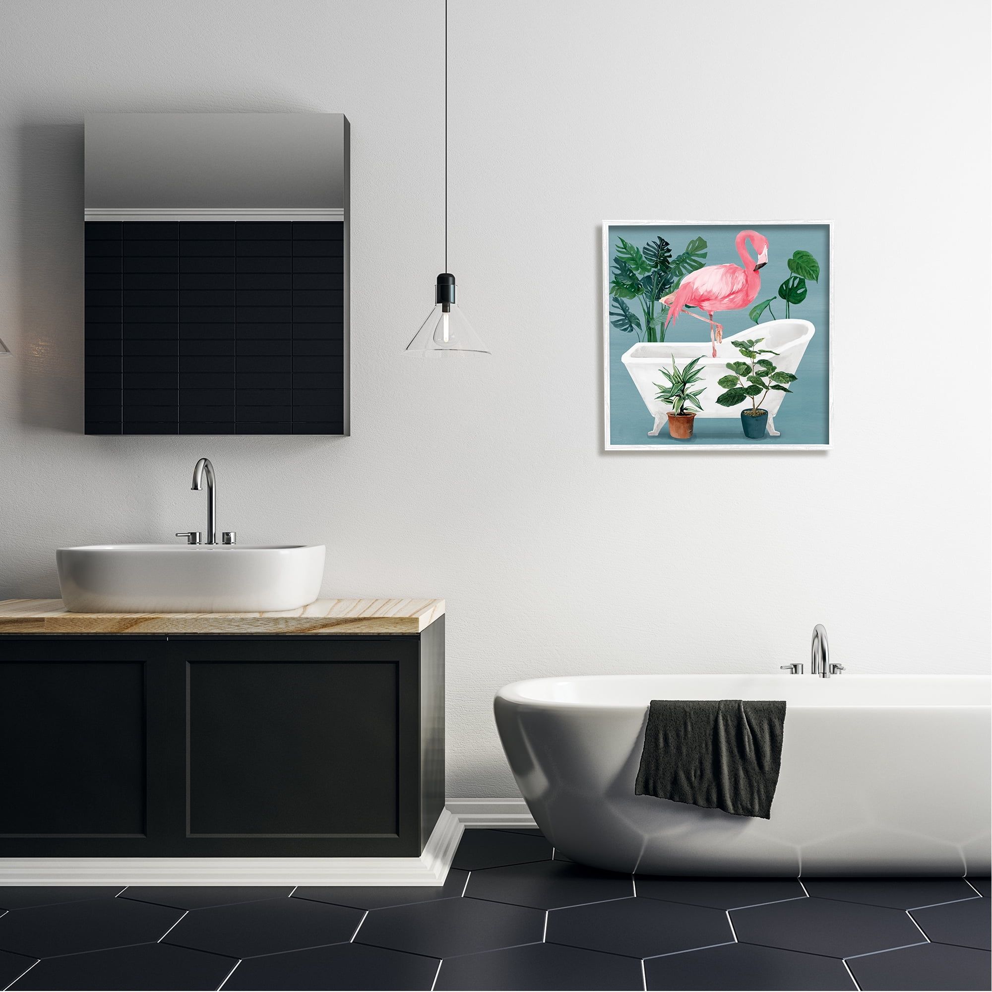 Stupell Industries Botanical Flamingo Bathroom Animals & Insects Painting White Framed Art Print Wall Art, 24 x 24