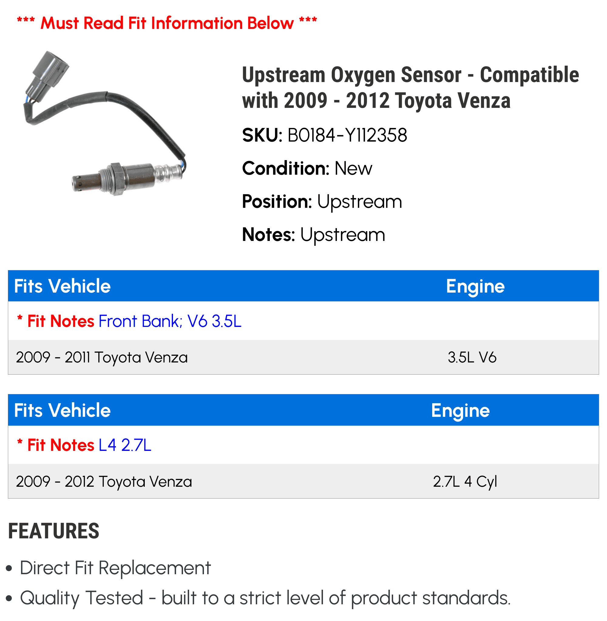 Upstream Oxygen Sensor - Compatible with 2009 - 2012 Toyota Venza 2010 2011
