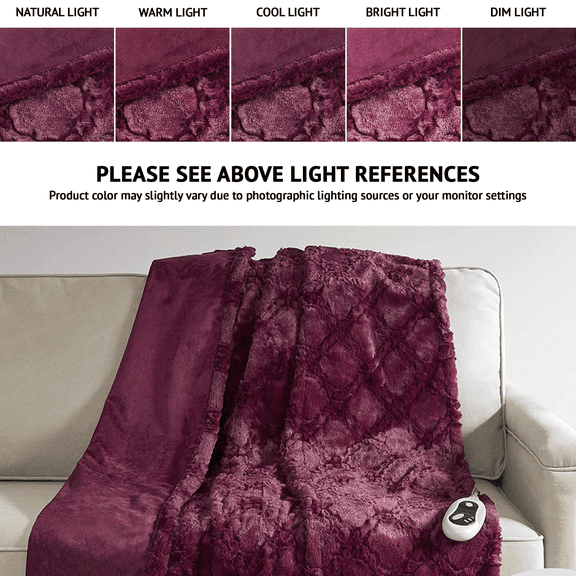 GHooa leopard Long Fur Electric heated Throw Blanket Auto Shutoff 50āx60ā-Burgundy