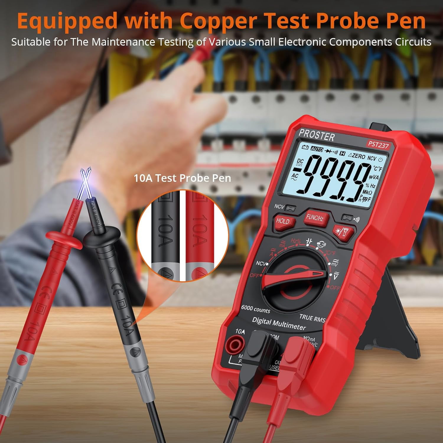 Proster Multimeter TRMS 6000 Counts Auto Manual Range Multimeter Tester with DC/AC Voltage DC/AC Current NCV Detector Temperature Capacitance Resistance Diode Continuity Tester with Cloth Bag