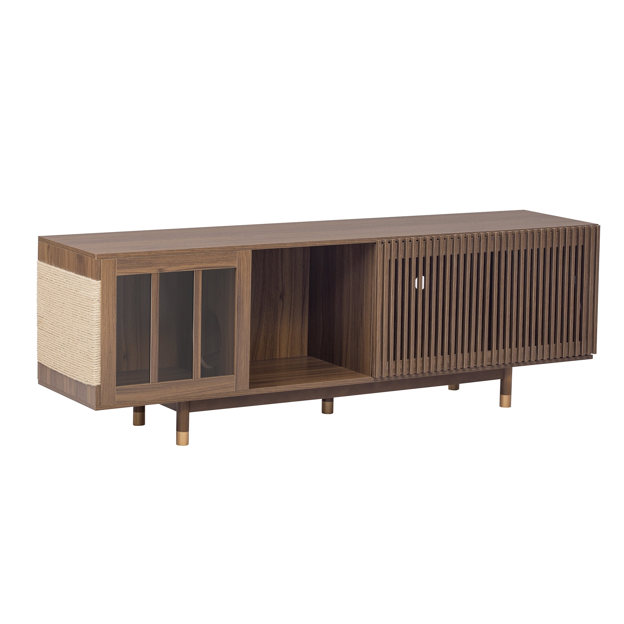 Euroco modern style Walnut TV STAND Cat house pet friendly With Sliding door flip-down