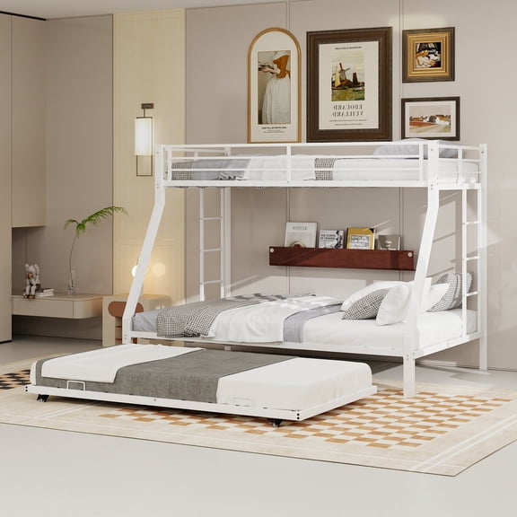 QZYeYun Metal Twin XL over Queen Triple Bunk Bed with Pull-Out Trundle, White