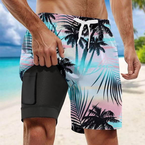 CONZONE Mens Swim Trunks With Stretch Liner Hawaiian Graphic Y2K Board Shorts for Men Elastic Waist Drawstring Lightweight Quick Dry Summer Beach Swim Shorts With Pocket