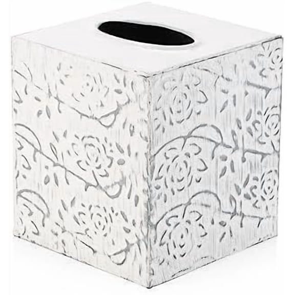 Country Chic Modern Farmhouse Tissue Box Holder, Decorative Metal Tissue Cover, Rustic Square White Style
