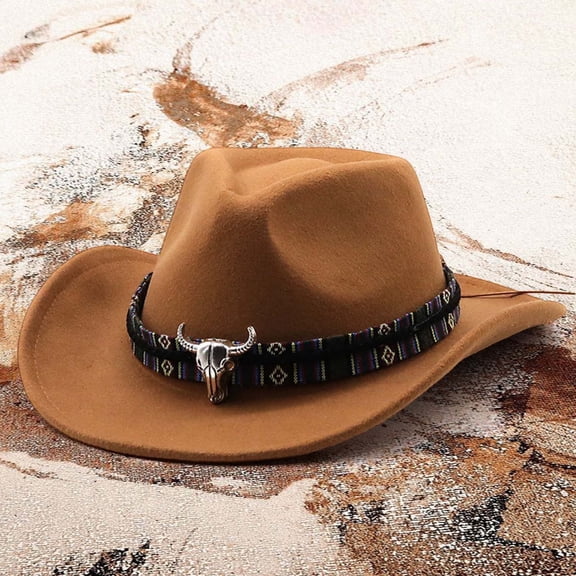 Western Cowboy Style Hat Jazz Bowler Cow Head Decoration Ethnic Accessory, M, Brown