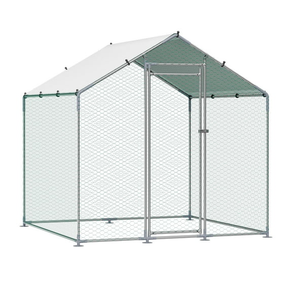 KFFKFF Metallic Poultry Enclosure, Dimensions 6.56x6.56x6.56ft, Spacious Walk-in Design with Protective Cover, Pointed Roof Fowl Shelter with Safety Latch, Exterior Duck Rabbit Enclosure