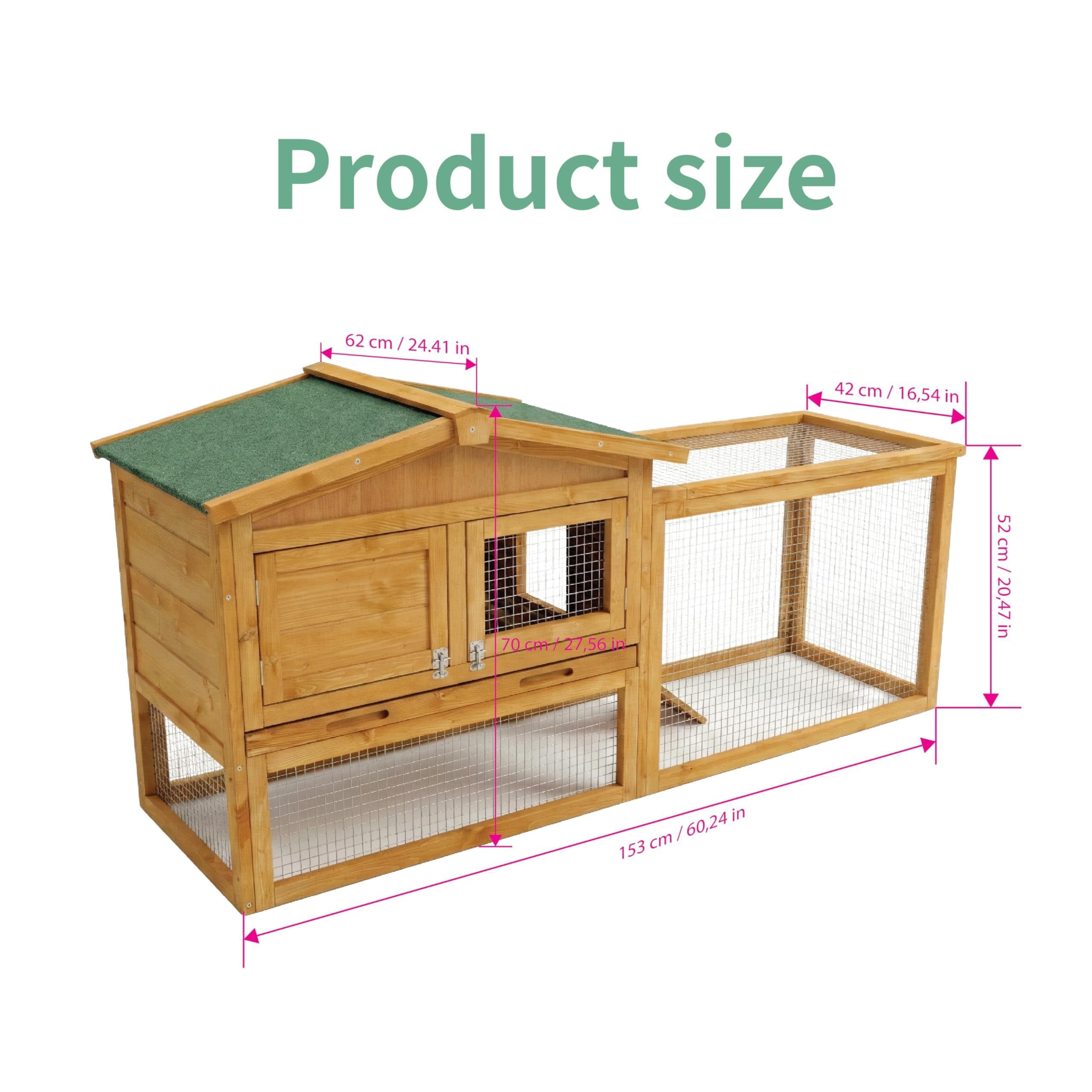 Historyli 60Inch L Large Rabbit Hutch,Expandable 2-Story Wooden Bunny Cage with Non-Slip Ramp,Large Playpen,Hinged Roof & Pull-Out Tray,Natural