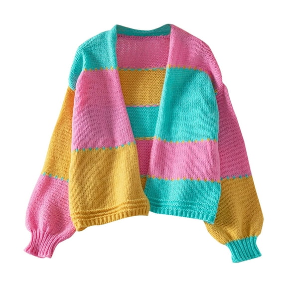 Women's Color Block Cardigan Open Front Chunky Knit V-Nack Long Sleeve Coat for Fall & Winter Pink M