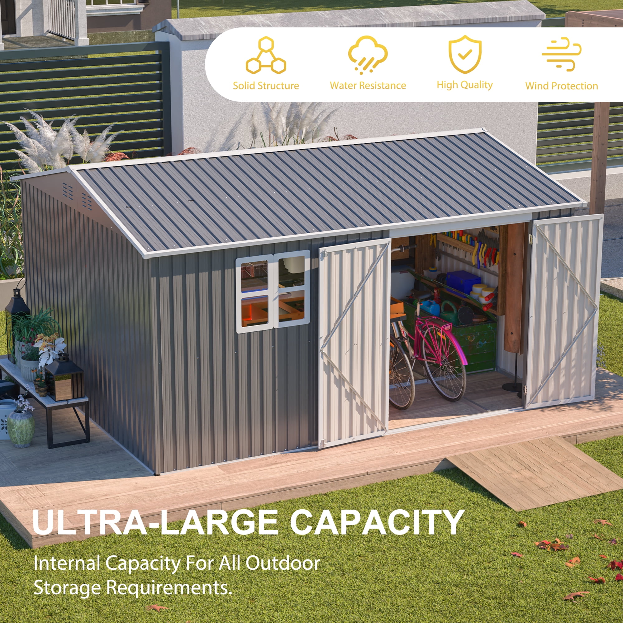 LZBEITEM 12'x10' Outdoor Storage Shed with Floor Frame & Window, Metal Garden Shed Kit, Backyard Shed, Lockable Doors for Backyard Patio Lawn, Gray