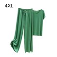 thumbnail image 4 of Sonducket Conjunto de pijama de satén de seda helada para mujer, camiseta de algodón con cuello en V, pantalones holgados con cintura conjuntos de ropa Verde 4XL, 4 of 6