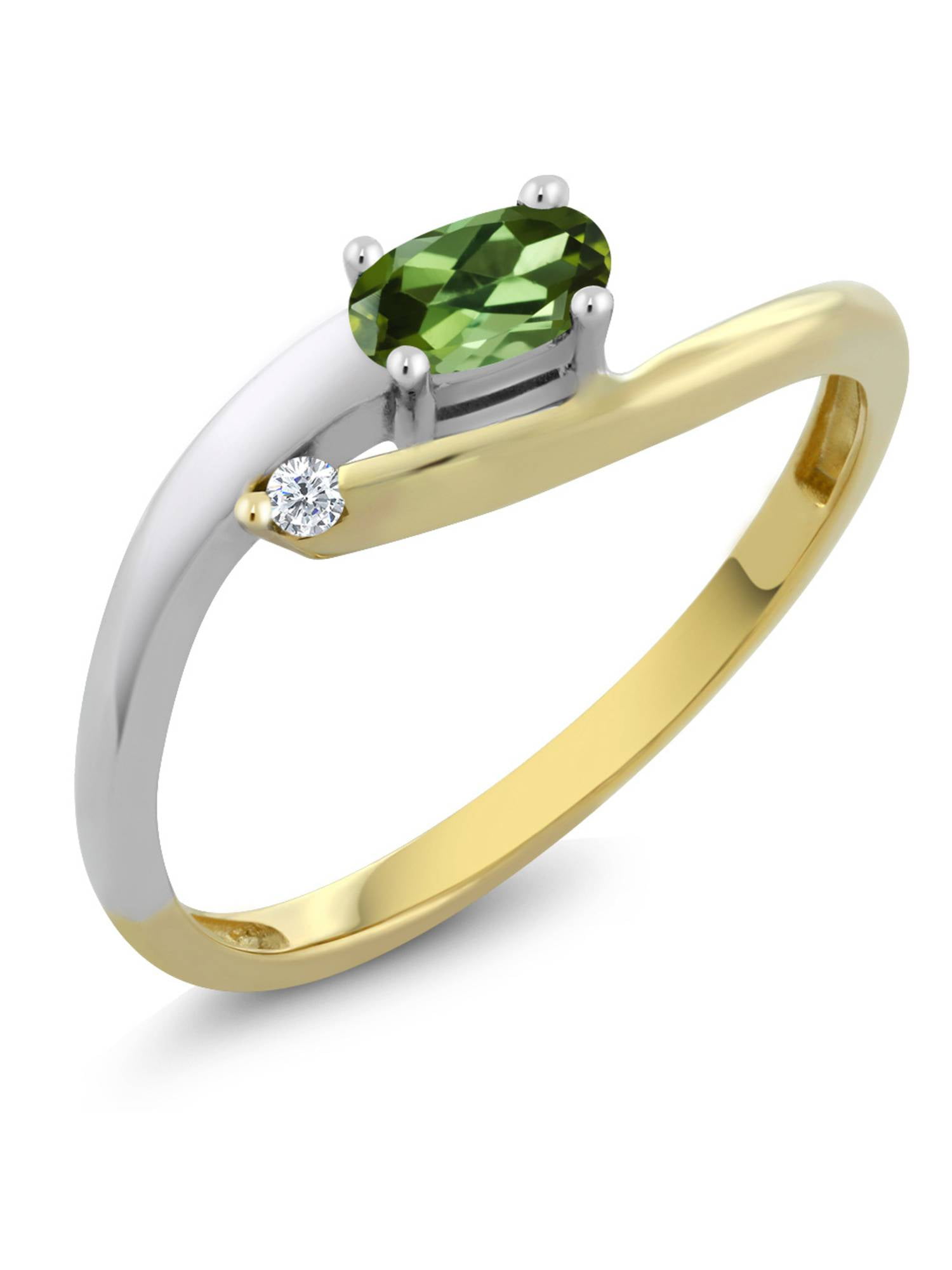 18K Two Tone Gold Oval Green Tourmaline with Diamond Accent Ring by