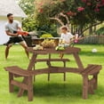 thumbnail image 3 of Demifill 6-Person Round Picnic Table Set, Picnic Table with 3 Built-in Benches and Umbrella Hole for Outdoor as Garden, Backyard, Porch, Brown, 3 of 11