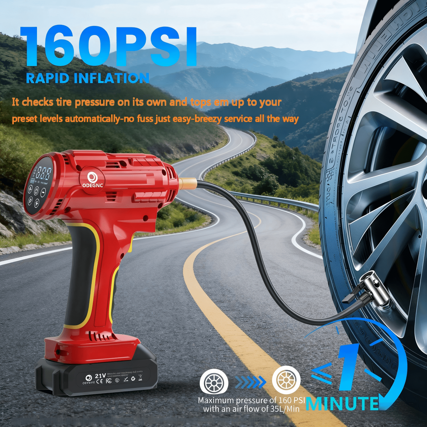 ODEGNC 10000mAh 21V 160PSI Cordless Tire Inflator Dual-Power For Car Bike Ball Portable Air Compressor LED Light
