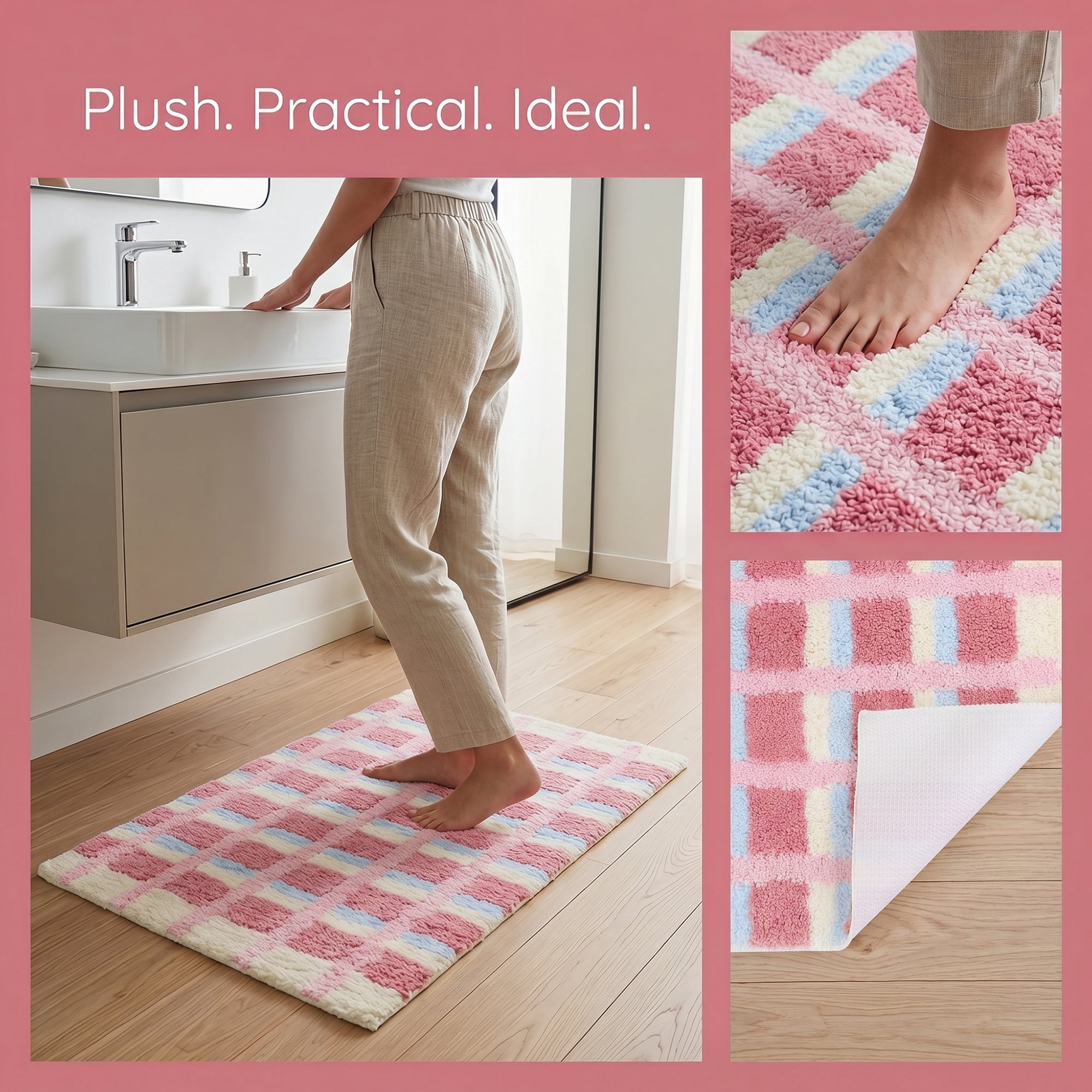 Unique Bargains Absorbent Plush Non-Slip Washable Checkered Rug Pink 24" x 16"