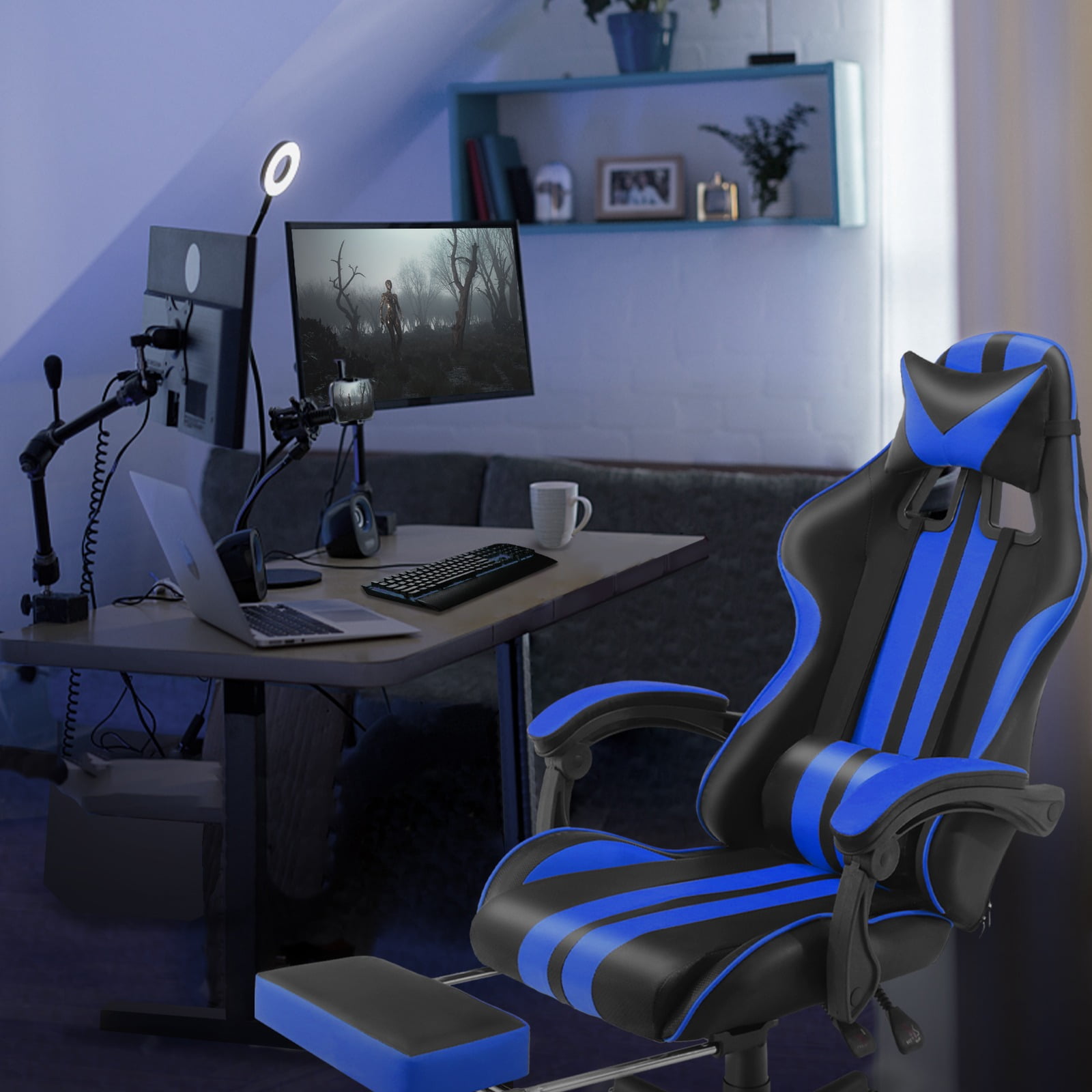 SOONTRANS Gaming Chair, Blue Gamer Chair with Footrest, Ergonomic Office Chair for Adult, Reclining Computer Chair with Massage Lumbar, Adjustable Game Chair